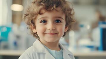 Young boy smiles in a laboratory setting showcasing childhood curiosity and the joy of learning science in an engaging environment photo
