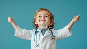 Joyful young boy dressed as a doctor in a lab coat celebrating with open arms against a vibrant blue background He looks happy and hopeful photo