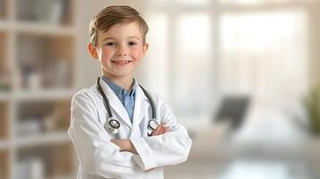 Adorable young boy dressed up as a doctor with stethoscope around his neck and lab coat smiling with his arms crossed in a bright space photo