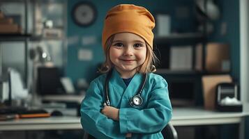 A cheerful little girl wearing scrubs and a beanie playfully dressed up as a doctor in a cozy office exuding charm and innocence photo