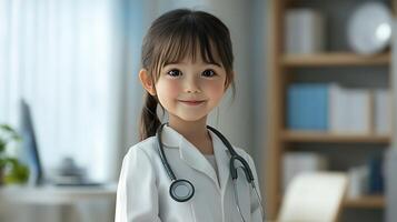 A young girl dressed as a doctor wearing a lab coat and stethoscope playfully embraces the role of healthcare professional photo