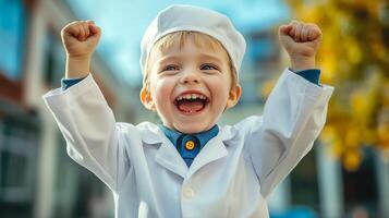 A young boy in a white coat celebrates with fists raised showcasing pure joy and triumph in an outdoor setting photo