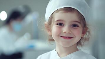 Smiling child dressed up as medical professional showing optimism and innocence with friendly facial expression Role playing fun photo