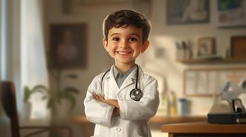 Young boy dressed as a doctor with stethoscope and white coat posing confidently in a bright cheerful office setting photo