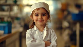 Little girl dressed up in a lab coat and hat with her arms crossed She is smiling in front of a science laboratory backdrop photo