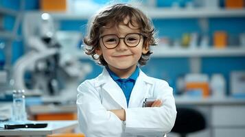 Young aspiring scientist with glasses and a lab coat in a lab smiles confidently with arms crossed ready for future scientific discovery photo