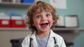 Enthusiastic young boy dressed up in a medical coat and stethoscope exuding joy and excitement with a bright wide-eyed expression photo