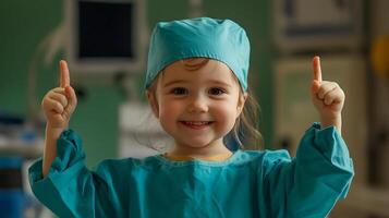 A young child dressed in medical scrubs and a cap raises her index fingers in a gesture of enthusiasm set against an operating room backdrop photo