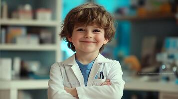 Young boy with a bright smile dressed in a white lab coat with pens in the pocket standing confidently with arms crossed in a science lab photo