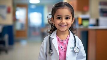 A smiling young girl dressed as a doctor in a lab coat and stethoscope radiating confidence and charm in a bright modern medical setting photo