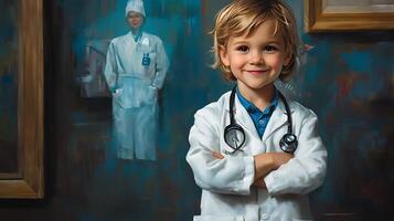 A young child dressed up in a white lab coat and stethoscope smiling confidently with artwork of a doctor in the background photo