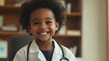 Smiling child in doctor's coat Expressing joy portraying dreams of future profession health care and compassion photo