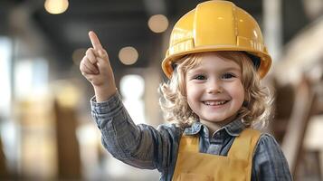 Young child dressed as construction worker bright yellow safety helmet and denim work shirt points up with a happy smile Future builder photo