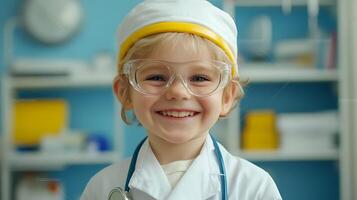 Happy young child dressed up in a doctor's white coat and a stethoscope smiling joyfully while wearing protective glasses and a cute hat photo
