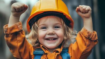 A young child dressed as a construction worker with a yellow hard hat raises fists with a big smile symbolizing future dreams photo
