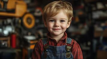 Young boy in overalls smiles warmly Rustic background suggests a workshop or garage Innocence and charm radiate from his expression photo