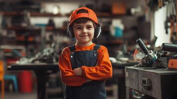 Young boy dressed as construction worker with earmuffs and orange cap standing in a workshop with tools and equipment in the background photo