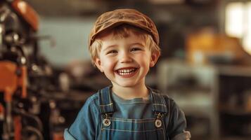 Smiling young boy with blond hair wearing overalls and cap in a workshop Happy heartwarming image of childhood photo