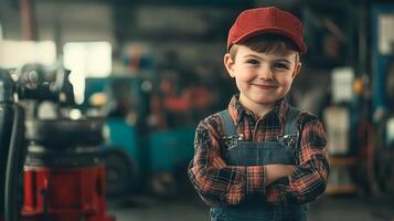 A young boy dressed as a mechanic stands confidently in a workshop arms crossed wearing a red cap and a plaid shirt over overalls photo
