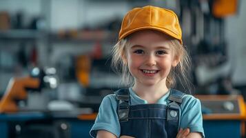 Confident young girl dressed as a mechanic bright smile standing in a workshop environment promoting the idea of kids in STEM careers photo