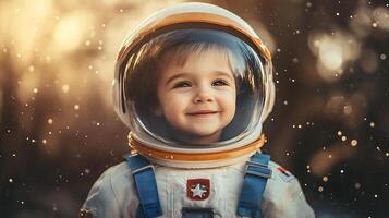 Dreaming of galaxies a young child smiles from within an astronaut suit lost in the wonder of space exploration bathed in ethereal light photo