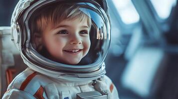 Little boy dreams of space dressed in a playful astronaut suit joyfully smiling as he gazes out a futuristic window photo