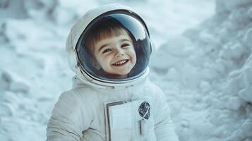 Smiling toddler dressed as an astronaut captured against a moon-like background showcasing pure joy and imagination photo