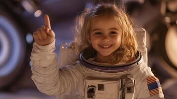 Young girl aspiring astronaut smiles dressed in spacesuit with USA flag patch ready for cosmic adventures and space exploration photo