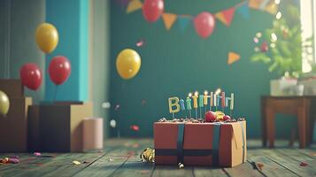 Birthday celebration setup with colorful balloons a festively decorated cake gifts and confetti creating a joyous and festive atmosphere photo