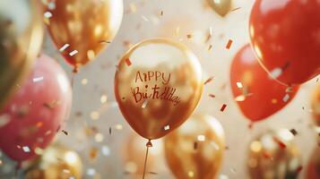 Festive birthday balloons floating among confetti creating a joyous and celebratory atmosphere A perfect image for celebration photo