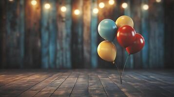 Festive gathering balloons in a rustic room The mood is celebratory with colorful balloons against a weathered backdrop and string lights photo