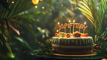 Celebratory cake with candles spelling 'Happy Birthday' surrounded by lush greenery in a jungle-like setting photo