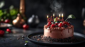 A delicious chocolate birthday cake with fresh berries and glowing candles set against a dark background for a special celebration photo