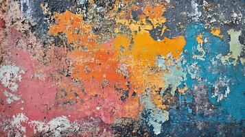 Fragmented and weathered surface Vivid colors like orange red and blue mingle across a textured surface where paint is cracking and peeling photo
