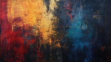 Textured abstract painting with blends of red orange yellow and blue The colors create a dynamic and intriguing composition photo