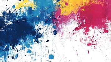 Abstract art featuring vibrant splashes of blue yellow and pink paint against a clean white background creating a dynamic and modern aesthetic photo
