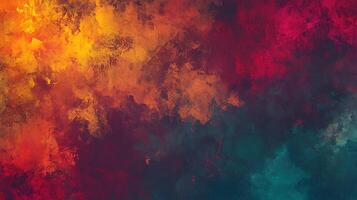 An abstract painting with fiery yellow orange and red hues blending into cooler blues and greens creating a sense of depth and drama photo