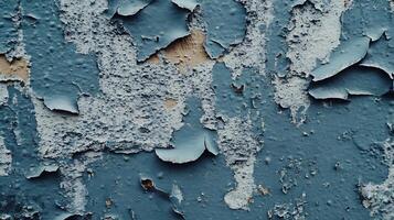 Blue wall paint peeling and cracking away Beautiful abstract pattern in a close up shot the texture is old and distressed photo