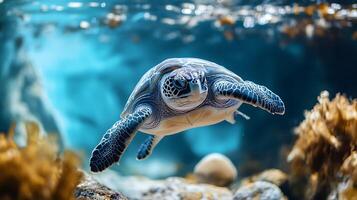 Sea turtle swims gracefully underwater with rocks and algae The blue background accentuates the turtle's shell and patterns photo