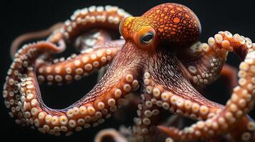 Captivating close-up of an octopus showcasing its intricate textures patterns and curious gaze against a deep dark backdrop photo