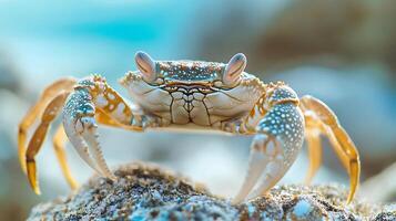 Close-up of a crab on a rock The crab's claws are prominent and the background is a soft blurred blue Marine life in its habitat photo