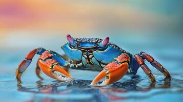 Vibrant crab in shallow water blue shell contrasting with orange claws Reflections create a colorful aquatic scene photo