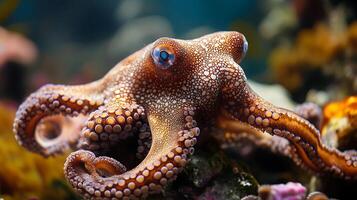 Underwater world octopus with big blue eyes and soft colors The octopus is resting on a stone covered in moss in a colorful sea photo