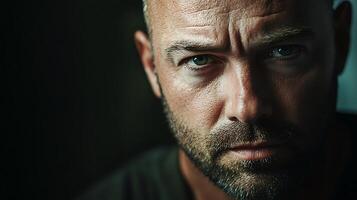 Intense portrait of a man with a serious gaze Deep in thought creating a very moody and evocative atmosphere photo