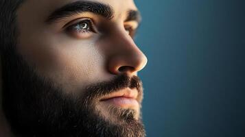Introspective gaze Close up captures the depth of emotion as a thoughtful man looks toward the future with hopeful anticipation photo