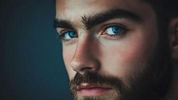 Intense gaze from a handsome man with captivating blue eyes and a well-groomed beard set against a dark background Portrait photography photo