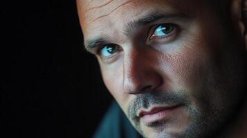 Intense gaze of a man in shadow His striking eyes and stubbled face create a powerful and intimate portrait capturing depth and emotion photo