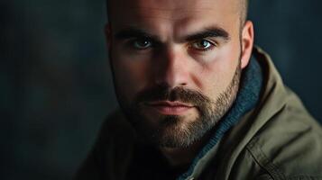 Striking portrait of a man with heterochromia beard and short hair intense gaze against a dark background capturing depth and character photo