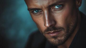 Intense stare of a man with striking eyes captured in a moody close-up portrait with sharp details and dramatic lighting photo