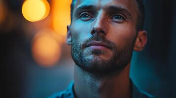 Portrait of a contemplative man gazing upwards with a serious expression in a dim environment with bright bokeh lights in the background photo